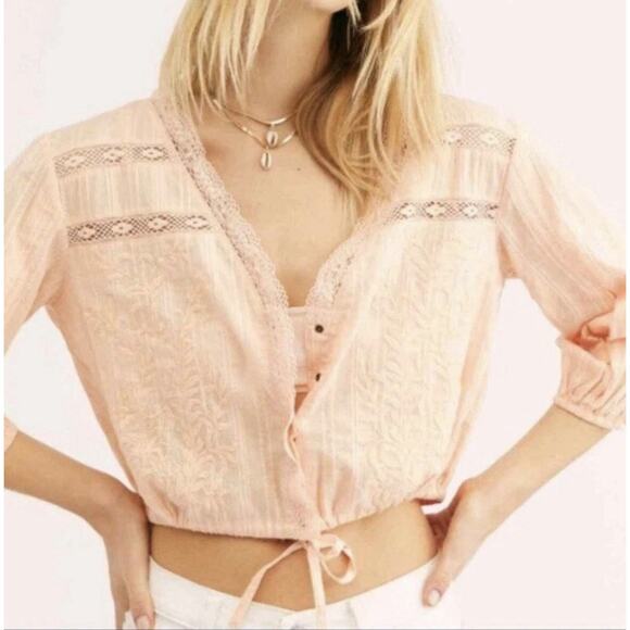 Free People Follow Your Heart Top Small Cropped V Neck Peach Boho Embroidered - Picture 1 of 5
